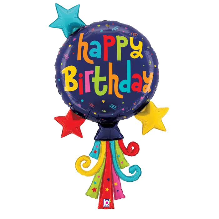 A 40-inch foil balloon shown inflated against a white background, printed with a balloon streamers birthday shape | 1ct design.