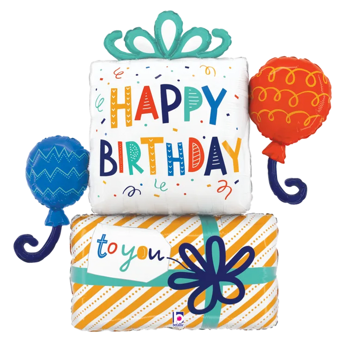 A 35-inch foil balloon shown inflated against a white background, printed with a birthday gift balloons shape | 1ct design.