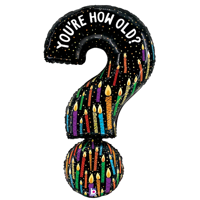 A 41-inch foil balloon shown inflated against a white background, printed with a you're how old question mark shape | 1ct design.