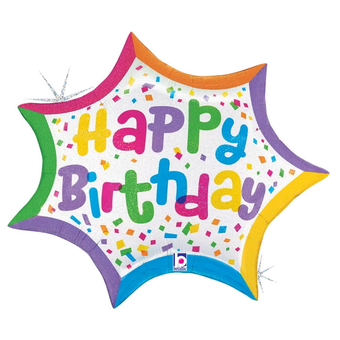 A 27-inch foil balloon shown inflated against a white background, printed with a glitter holographic shape, packaged (b) birthday confetti burst | 1ct design.
