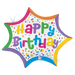 A 27-inch foil balloon shown inflated against a white background, printed with a glitter holographic shape, packaged (b) birthday confetti burst | 1ct design.