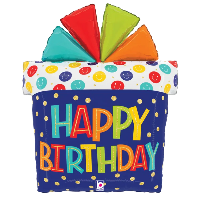 A 27-inch foil balloon shown inflated against a white background, printed with a foil shape, packaged (c ) birthday gift smiley face | 1ct design.