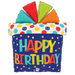 A 27-inch foil balloon shown inflated against a white background, printed with a foil shape, packaged (c ) birthday gift smiley face | 1ct design.