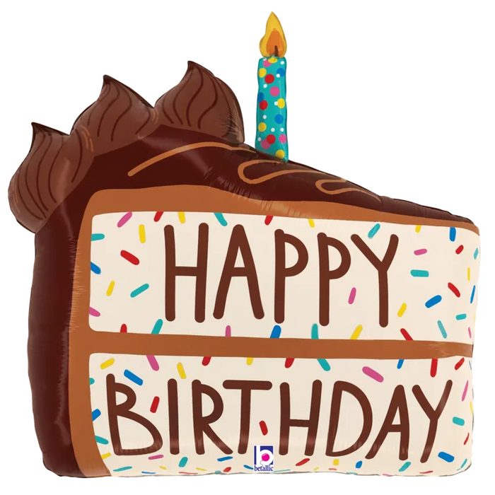 A 28-inch foil balloon shown inflated against a white background, printed with a foil shape, packaged ( c) birthday chocolate cake slice | 1ct design.