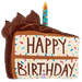 A 28-inch foil balloon shown inflated against a white background, printed with a foil shape, packaged ( c) birthday chocolate cake slice | 1ct design.