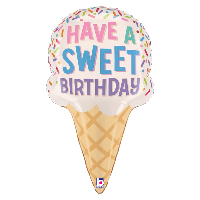 A 28-inch foil balloon shown inflated against a white background, printed with a foil shape, packaged (b) sweet birthday ice cream cone | 1ct design.