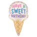 A 28-inch foil balloon shown inflated against a white background, printed with a foil shape, packaged (b) sweet birthday ice cream cone | 1ct design.