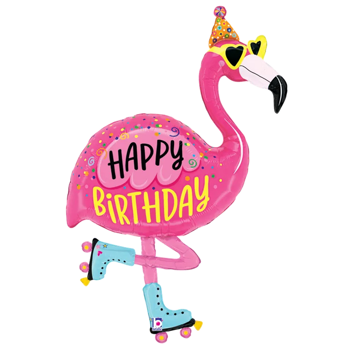 A 42-inch foil balloon shown inflated against a white background, printed with a foil shape, packaged (k) flamingo birthday | 1ct design.