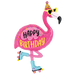 A 42-inch foil balloon shown inflated against a white background, printed with a foil shape, packaged (k) flamingo birthday | 1ct design.