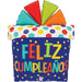 A 27-inch foil balloon shown inflated against a white background, printed with a foil shape, packaged (c ) regalo de cumpleaños cara sonriente | 1ct design.