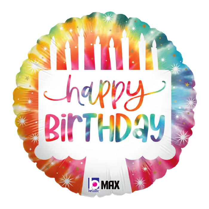 A 18-inch foil balloon shown inflated against a white background, printed with a tie-dye cake birthday max float | 1ct design.