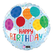 A 18-inch foil balloon shown inflated against a white background, printed with a birthday colorful balloons max float round | 1ct design.