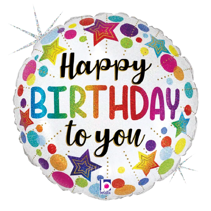 A 18-inch foil balloon shown inflated against a white background, printed with a birthday stars and dots glitter holographic shape | 1ct design.