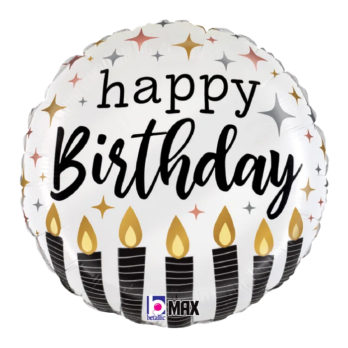 A 18-inch foil balloon shown inflated against a white background, printed with a satin metallic birthday candles max float | 1ct design.