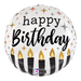 A 18-inch foil balloon shown inflated against a white background, printed with a satin metallic birthday candles max float | 1ct design.