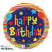 A 18-inch foil balloon shown inflated against a white background, printed with a birthday balloons and stars max float | 1ct design.