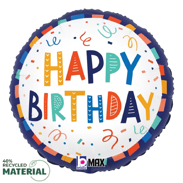 A 18-inch foil balloon shown inflated against a white background, printed with a festive birthday max float | 1ct design.