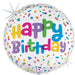 A 18-inch foil balloon shown inflated against a white background, printed with a glitter holographic 40% recycled round balloon, packaged cue the confetti birthday | 1ct design.