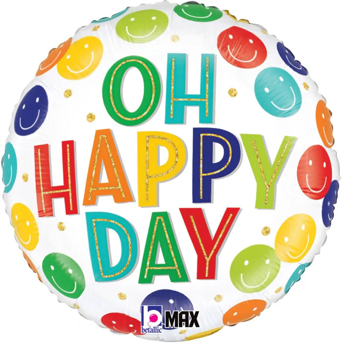 A 18-inch foil balloon shown inflated against a white background, printed with a oh happy day smiley | 1ct design.