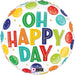 A 18-inch foil balloon shown inflated against a white background, printed with a oh happy day smiley | 1ct design.