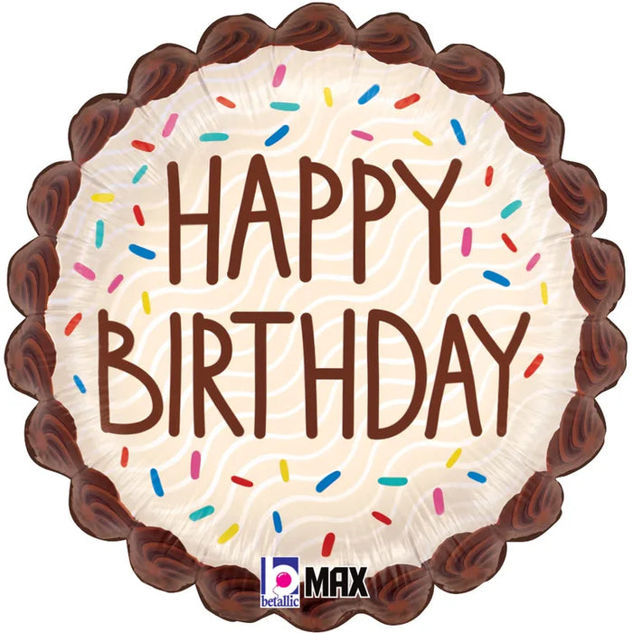 A 18-inch foil balloon shown inflated against a white background, printed with a max float 40% recycled scalloped round balloon, packaged birthday chocolate sprinkles | 1ct design.