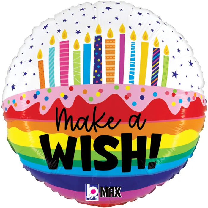 A 18-inch foil balloon shown inflated against a white background, printed with a rainbow birthday wishes | 1ct design.