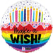 A 18-inch foil balloon shown inflated against a white background, printed with a rainbow birthday wishes | 1ct design.