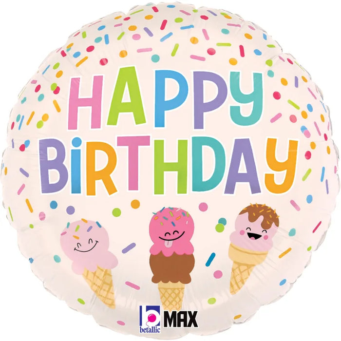 A 18-inch foil balloon shown inflated against a white background, printed with a happy birthday ice cream cones | 1ct design.