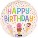A 18-inch foil balloon shown inflated against a white background, printed with a happy birthday ice cream cones | 1ct design.