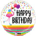 A 18-inch foil balloon shown inflated against a white background, printed with a flamingo birthday party | 1ct design.