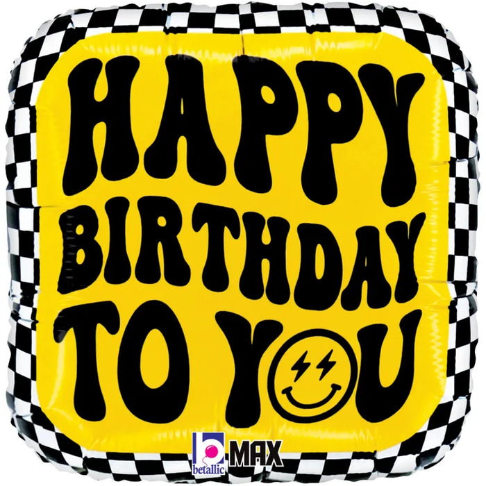 A 18-inch foil balloon shown inflated against a white background, printed with a max float 40% recycled round square balloon, packaged smiley checkerboard birthday | 1ct design.