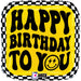 A 18-inch foil balloon shown inflated against a white background, printed with a max float 40% recycled round square balloon, packaged smiley checkerboard birthday | 1ct design.