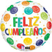 A 18-inch foil balloon shown inflated against a white background, printed with a cumpleaños sonriente | 1ct design.