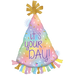 A 34-inch foil balloon shown inflated against a white background, printed with a opal party hat holographic shape | 1ct design.