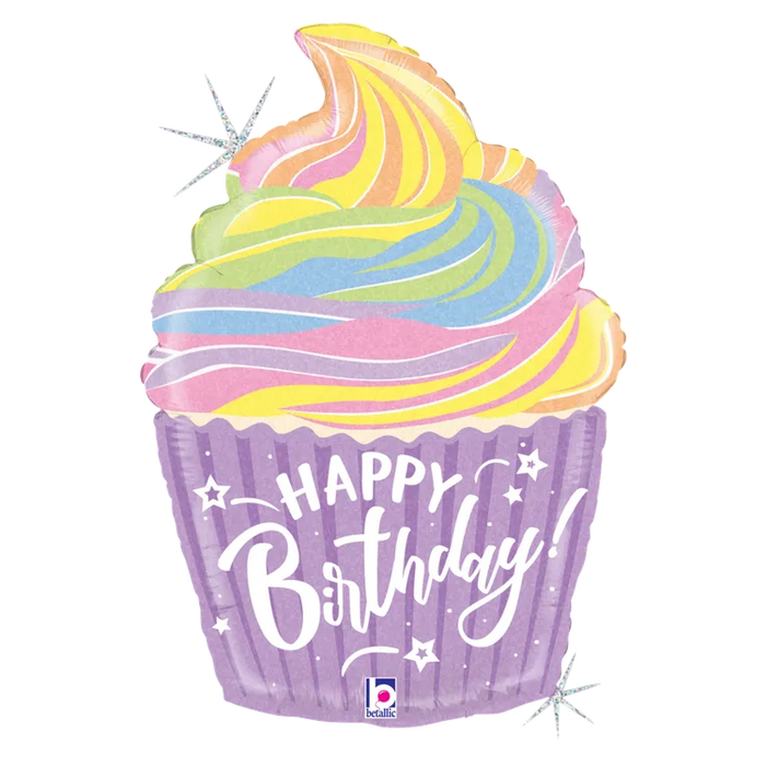 A 27-inch foil balloon shown inflated against a white background, printed with a pastel birthday cupcake holographic shape | 1ct design.
