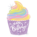 A 27-inch foil balloon shown inflated against a white background, printed with a pastel birthday cupcake holographic shape | 1ct design.