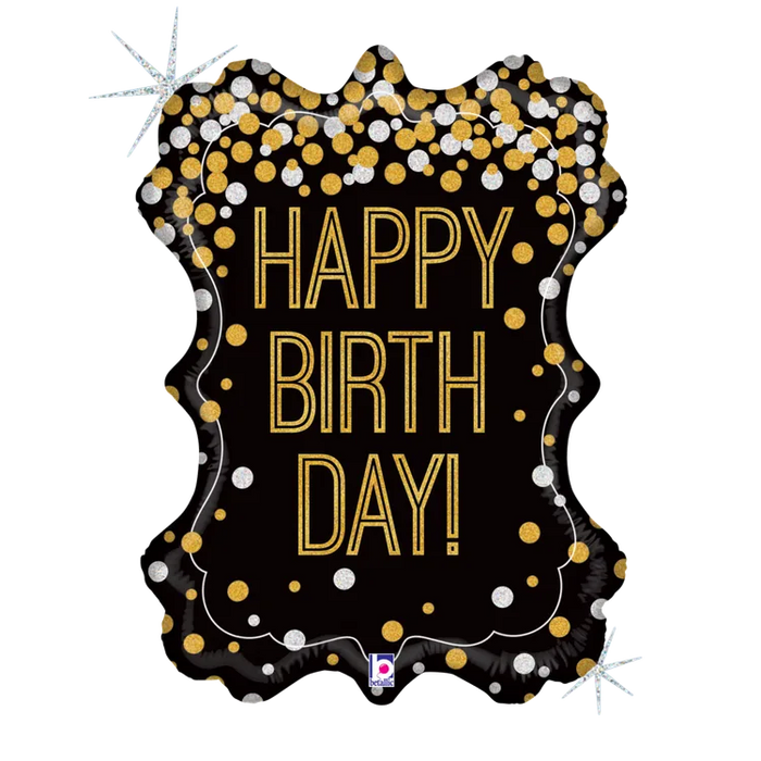 A 34-inch foil balloon shown inflated against a white background, printed with a metallic birthday frame holographic shape | 1ct design.