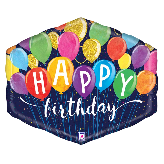A 30-inch foil balloon shown inflated against a white background, printed with a festive birthday balloons shape | 1ct design.