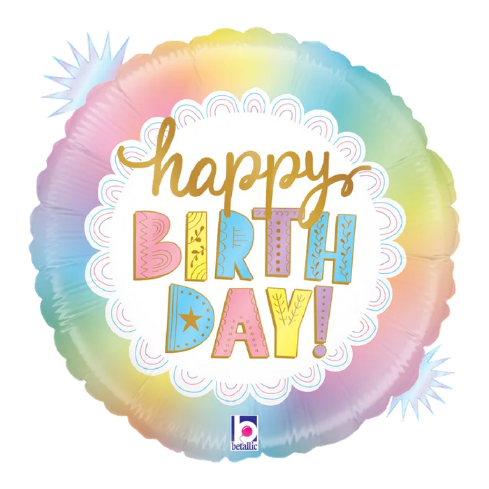A 18-inch foil balloon shown inflated against a white background, printed with a opal birthday holographic | 1ct design.