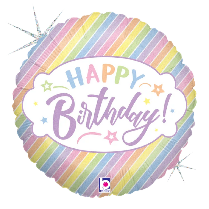A 18-inch foil balloon shown inflated against a white background, printed with a pastel birthday holographic | 1ct design.