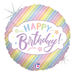 A 18-inch foil balloon shown inflated against a white background, printed with a pastel birthday holographic | 1ct design.