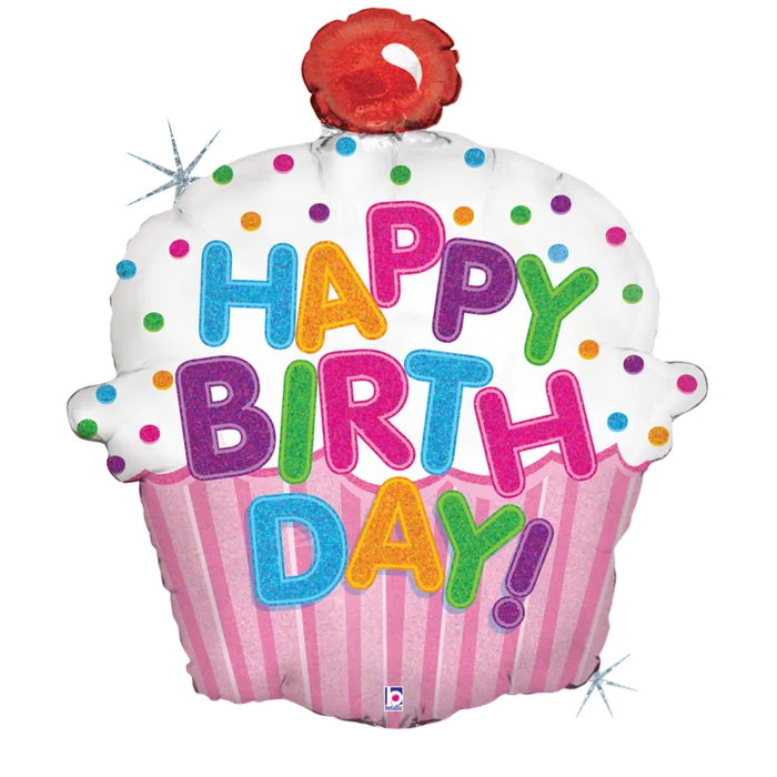 A 31-inch foil balloon shown inflated against a white background, printed with a happy birthday cupcake holographic shape unpackaged | 1ct design.