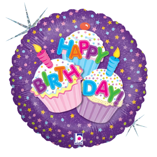 18" Happy Birthday Cupcake Holographic Balloon | 1ct