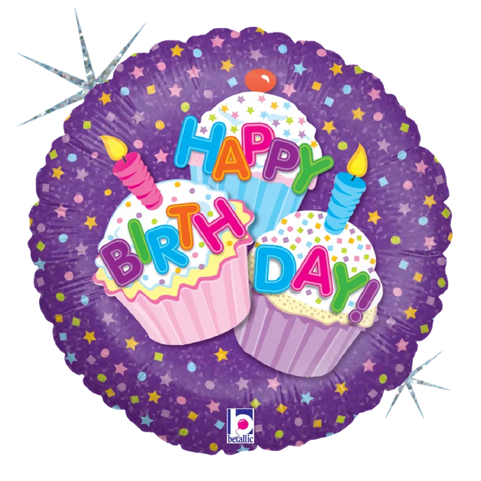 A 18-inch foil balloon shown inflated against a white background, printed with a happy birthday cupcake holographic | 1ct design.