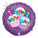 A 18-inch foil balloon shown inflated against a white background, printed with a happy birthday cupcake holographic | 1ct design.