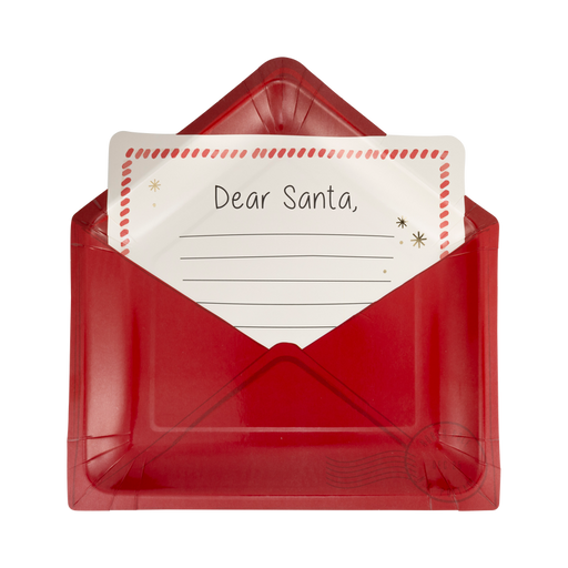 A 9 inch Christmas Letter to Santa Shaped Paper Plate. Comes in a package of 8.