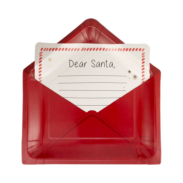 A 9 inch Christmas Letter to Santa Shaped Paper Plate. Comes in a package of 8.