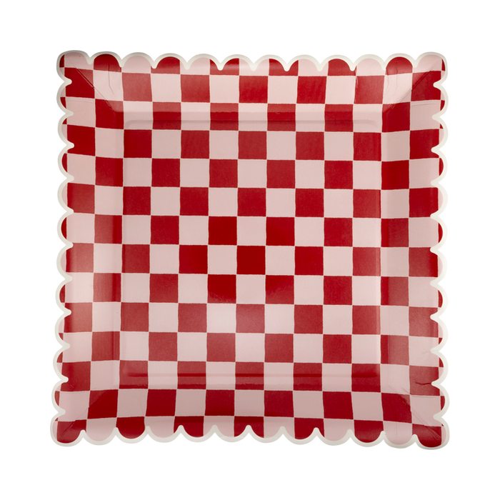 A 10 inch Christmas Pink and Red Checked Paper Plate.  Comes in a package of 8.