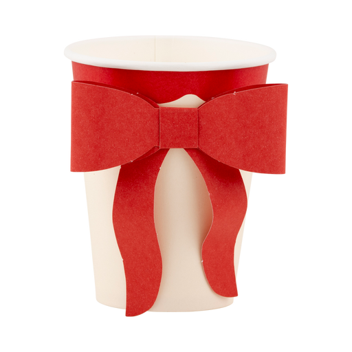 A 12 ounce Christmas Red and Pink Bow Paper Cup.