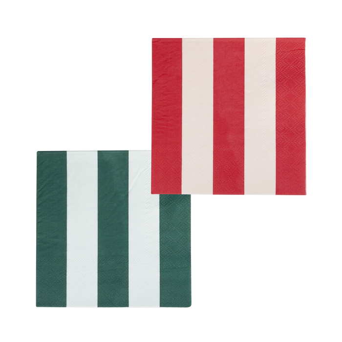 A Christmas Red and Pink Green and Mint Striped Beverage Napkin Set.